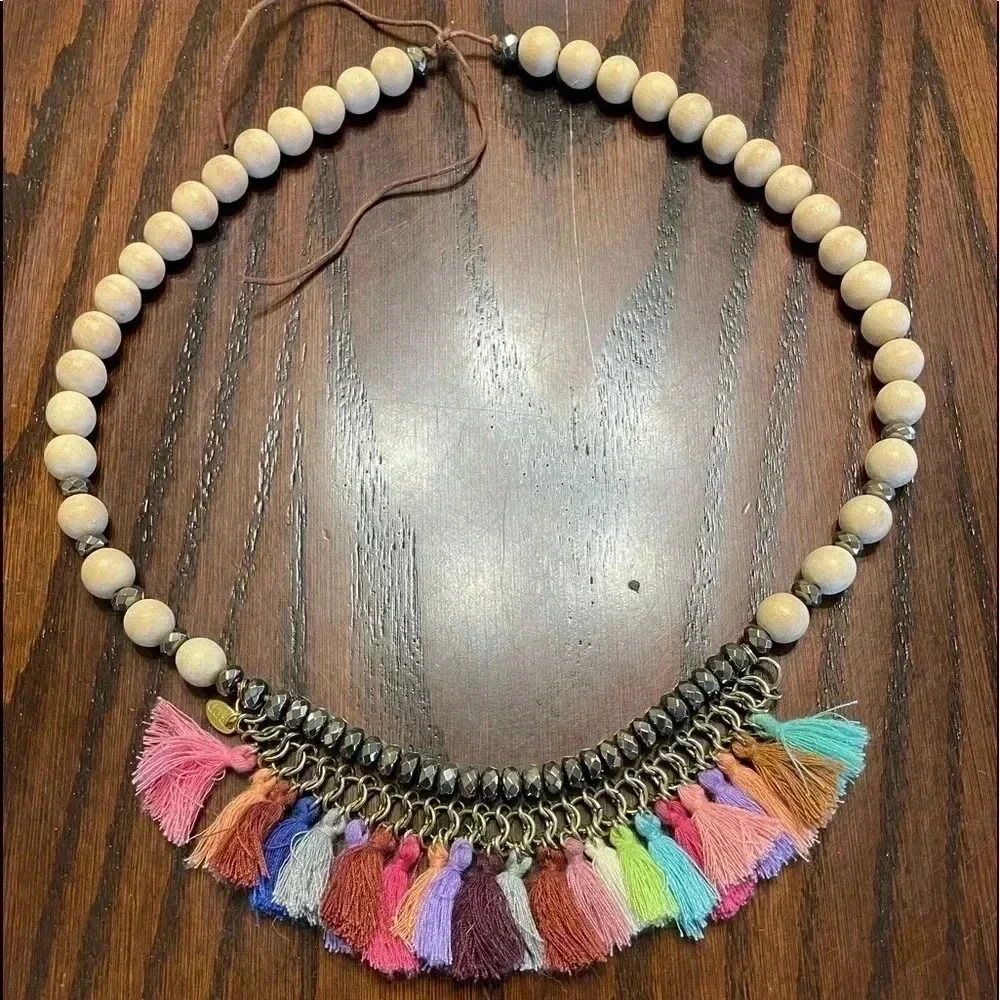 BETSY PITTARD WOODEN BEADS AND MULTI COLOR TASSEL NECKLACE 24”